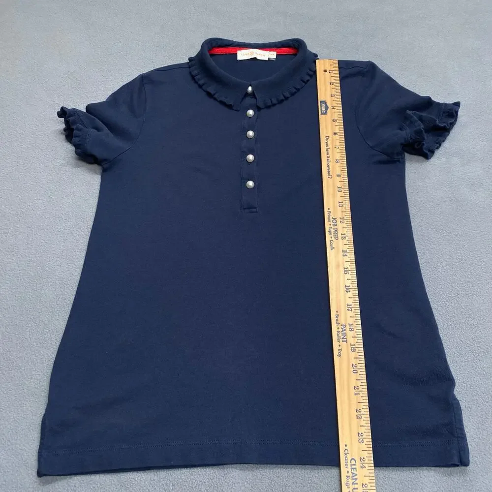 Tory Burch Pearl Button Polo Womens M Lettuce Hem Collar and Sleeves Navy Preppy